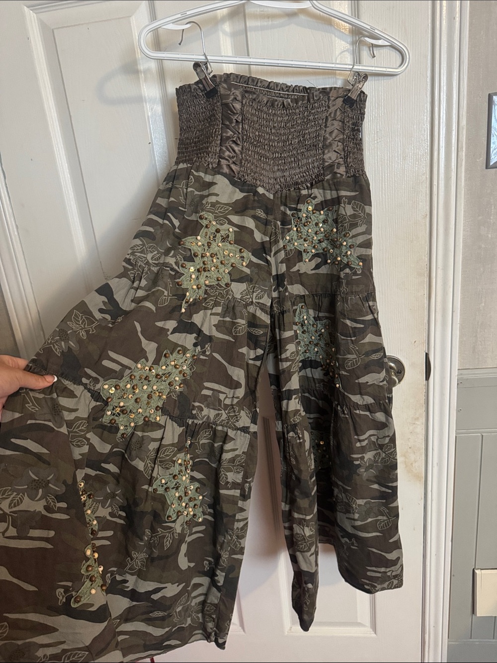 Smocked Waist Camo Maxi Pnags with Embellished Floral Appliqués